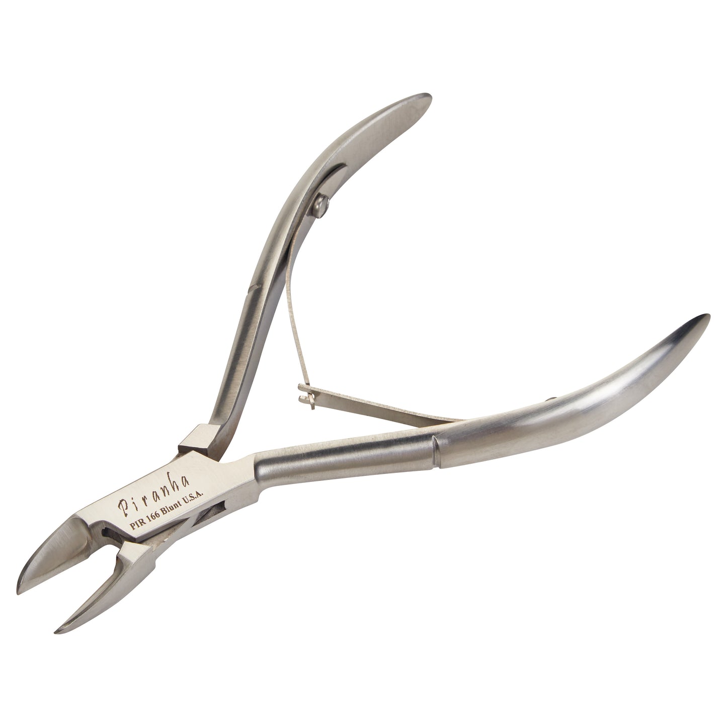 Silver metal nail splitter with curved handles and sharp, pointed blades engraved with "Piranha PIR 166 Blunt U.S.A."
