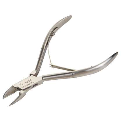 Silver metal nail splitter with curved handles and sharp, pointed blades engraved with "Piranha PIR 166 Blunt U.S.A."