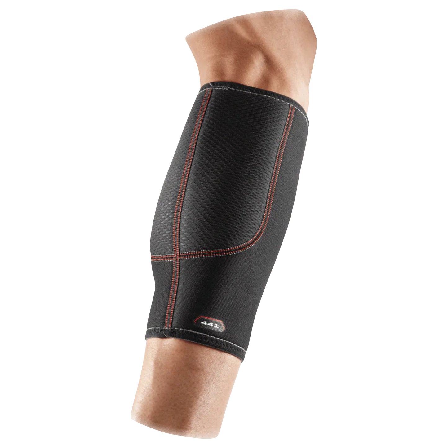 A McDavid Deluxe Calf Support, featuring a black textured design with red stitching, is shown worn on a lower leg.