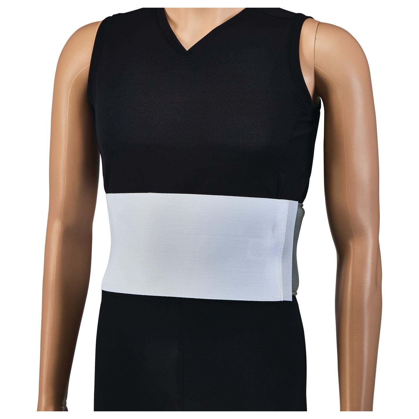 A mannequin wears a black shirt and the Thoracic Rib Belt, a wide elastic band, wrapped around the chest for support.