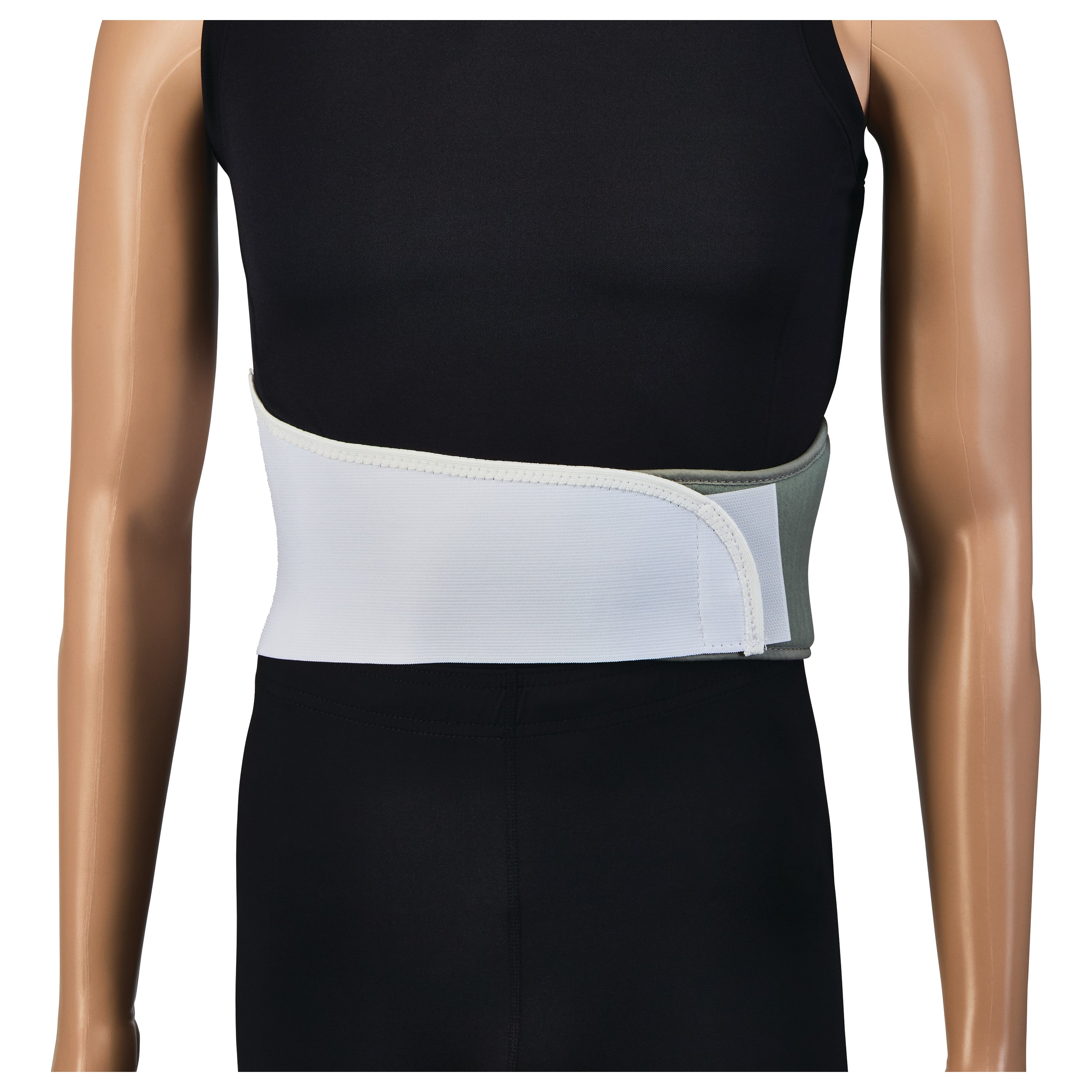 A mannequin wearing a Thoracic Rib Belt over a black outfit, wrapped around the chest and secured with hook and loop
