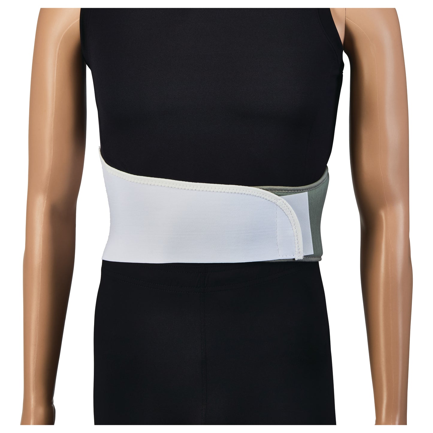 A mannequin wearing a Thoracic Rib Belt over a black outfit, wrapped around the chest and secured with hook and loop