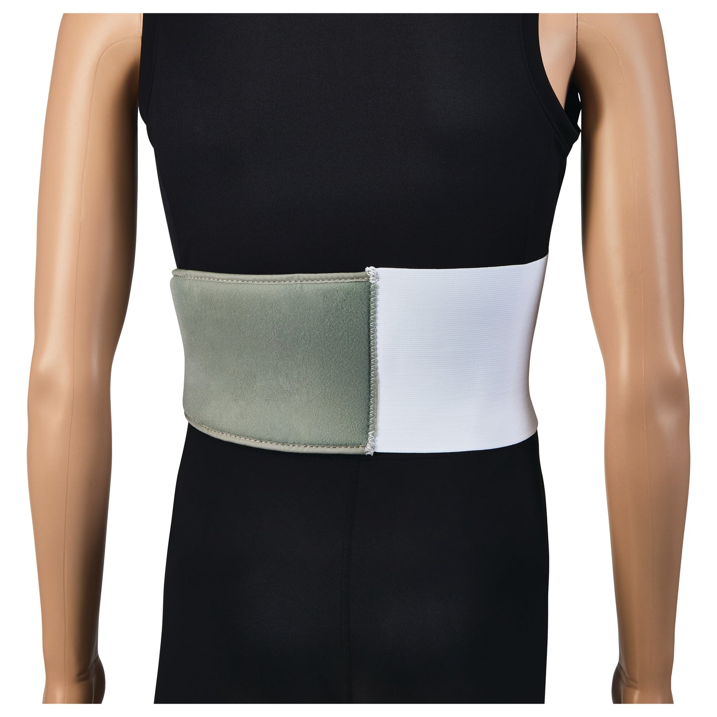 A mannequin wears a Thoracic Rib Belt in green and white around the lower chest over a black outfit.