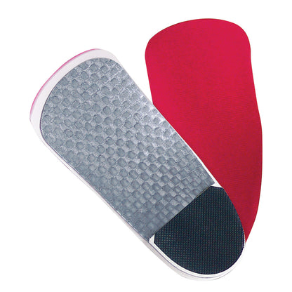 Two Rear Foot Posted Ultimate Orthotic insoles, one showing a gray textured base and the other a red top surface.