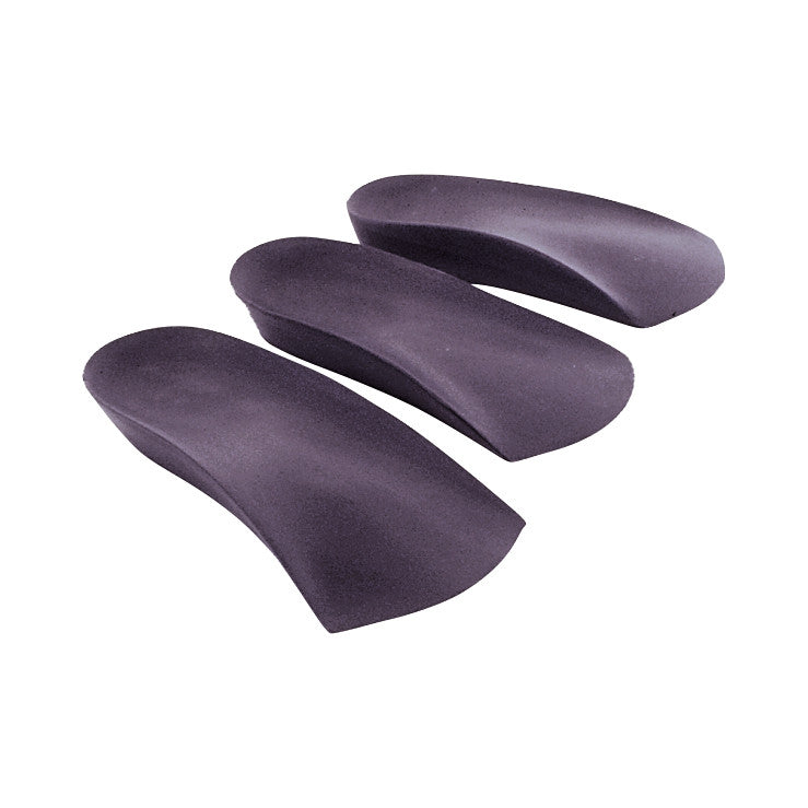 Three AliMed Leg-Length Lifts in black are arranged in a row, each with a curved, wedge-like shape.