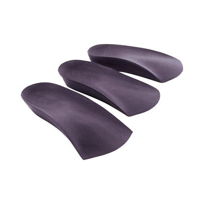 Three AliMed Leg-Length Lifts in black are arranged in a row, each with a curved, wedge-like shape.