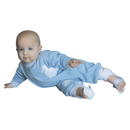 A baby in a blue outfit wears a Wheaton Brace AFO TEV-CRB Series, supporting their foot and ankle while lying on their side.