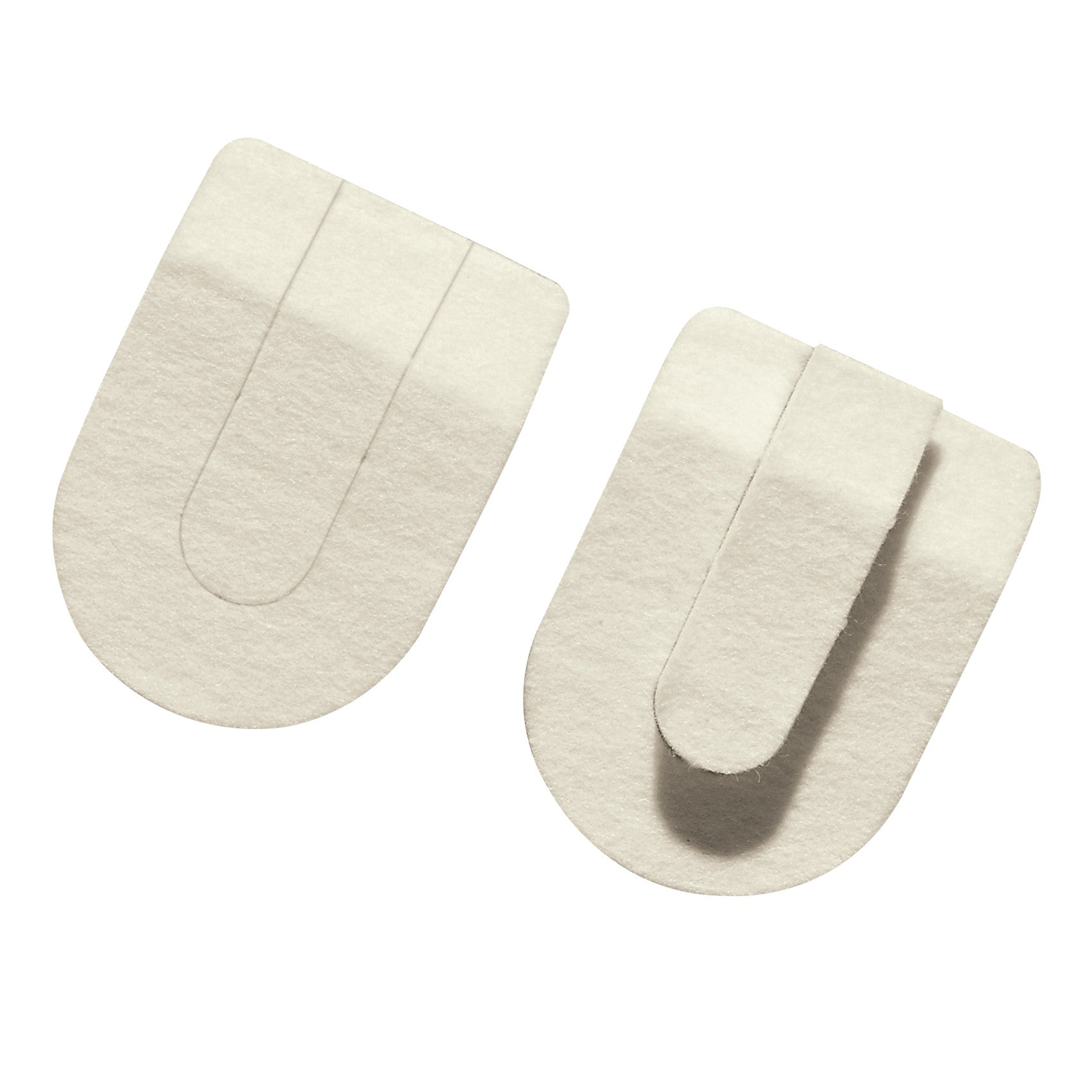 Two Hapad Horseshoe Heel Pads are shown. They are white with a U-shaped design and a soft texture, used for foot support.