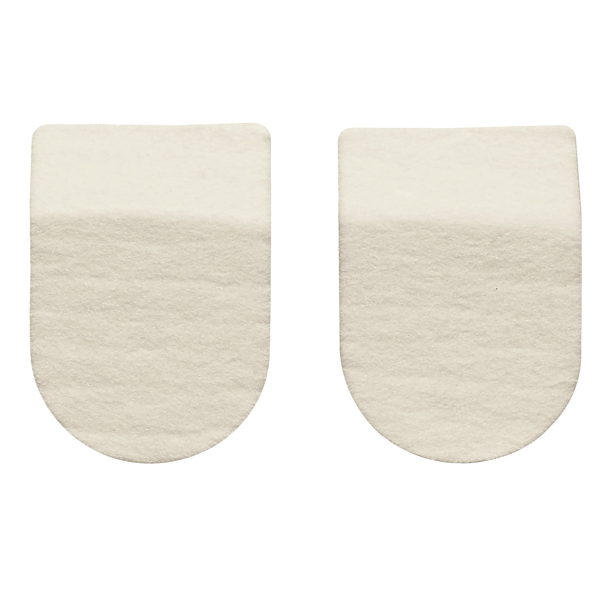Two Hapad Heel Pads made of soft, beige felt with a curved bottom and flat top.