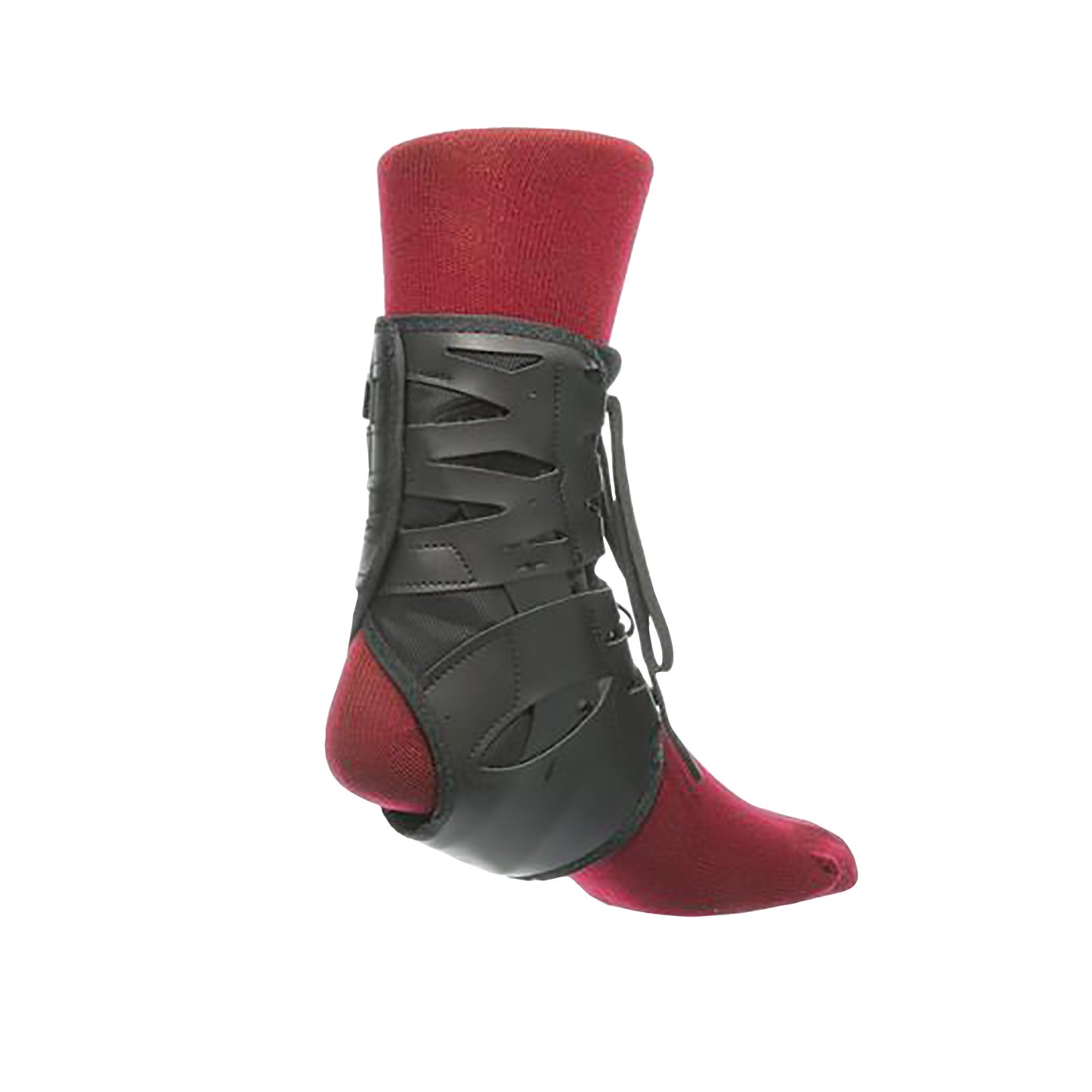 The Swede-O Tarsal-Lok Ankle Brace in black is shown on a foot wearing a red sock. It has laces and open slits for adjustment.