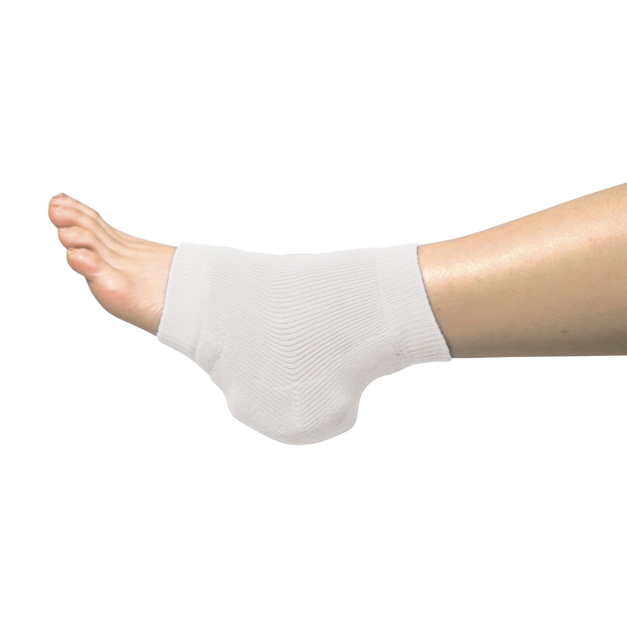 A Heelbo Heel/Elbow Protector on a person's foot, showing a soft white knit fabric designed for gentle cushioning and protection.