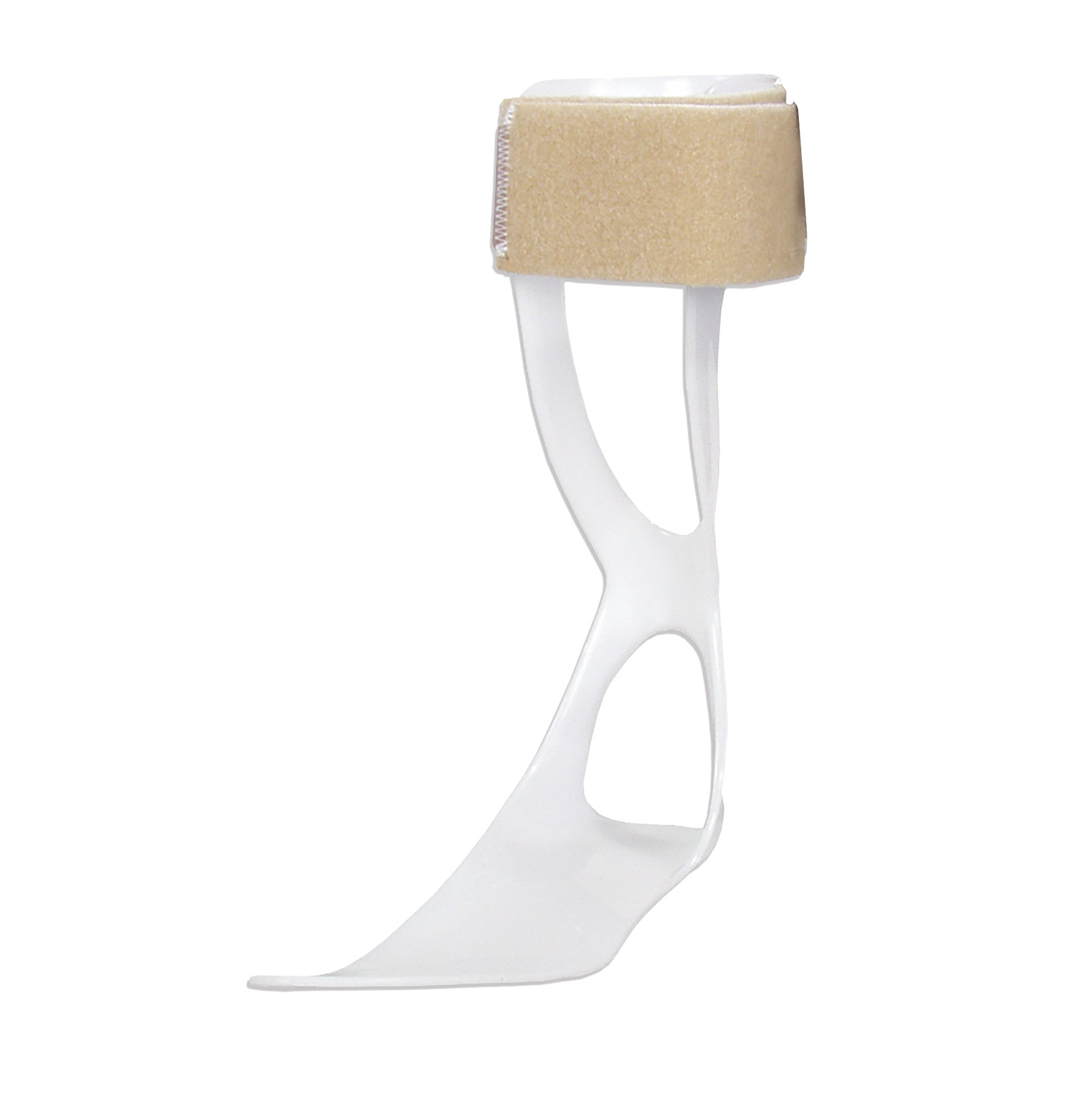 AliMed FREEDOM Swedish AFO, a white foot orthosis with a beige strap, designed for support and stability of the ankle and foot.