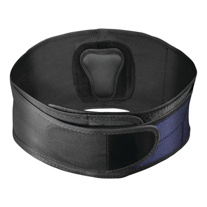 A Mueller Adjustable Back Brace. It is black with a strap and a supportive pad at the back.