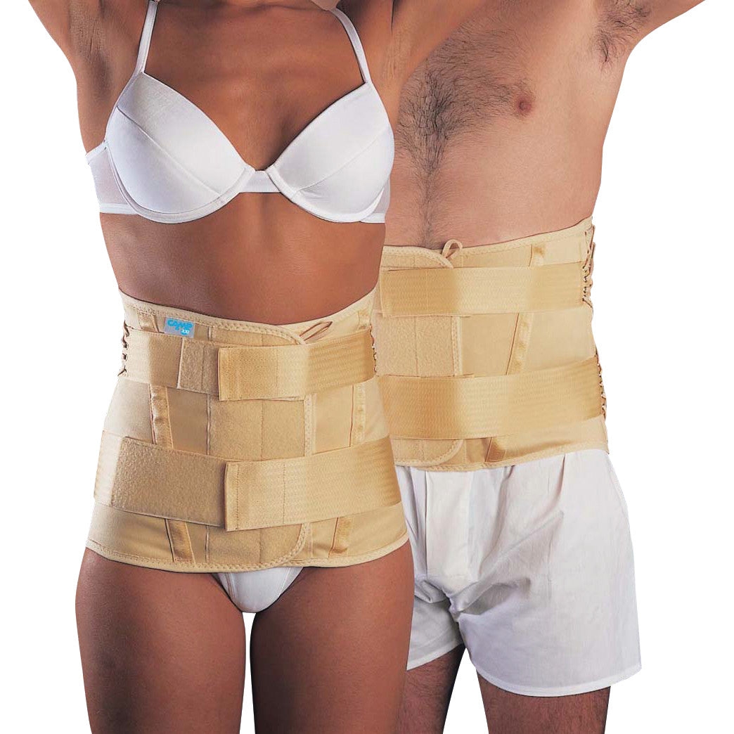 Two people wearing Trulife XXI LSO Lumbosacral Supports, highlighting adjustable straps and beige color.