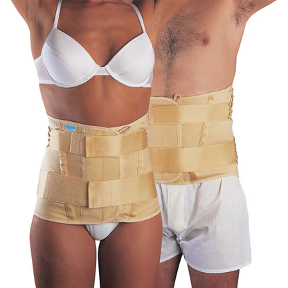 Two people wearing Trulife XXI LSO Lumbosacral Support belts, providing back support. The belts are beige with adjustable straps.