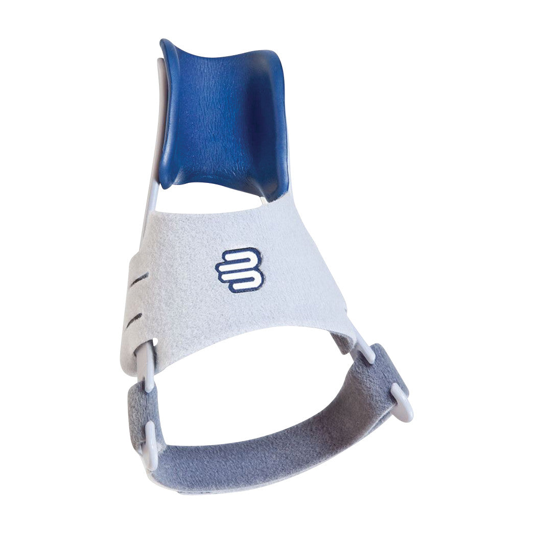 The Bauerfeind ValguLoc Hallux Valgus Splint is shown, featuring a blue and gray design with adjustable straps for foot support.