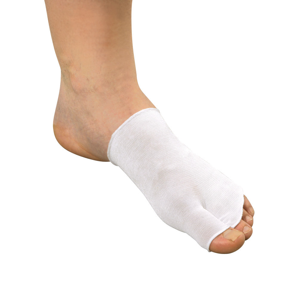 A foot wearing the AliMed Post-Op Forefoot Sock, covering the forefoot and toes with a soft, white fabric for post-operative care.