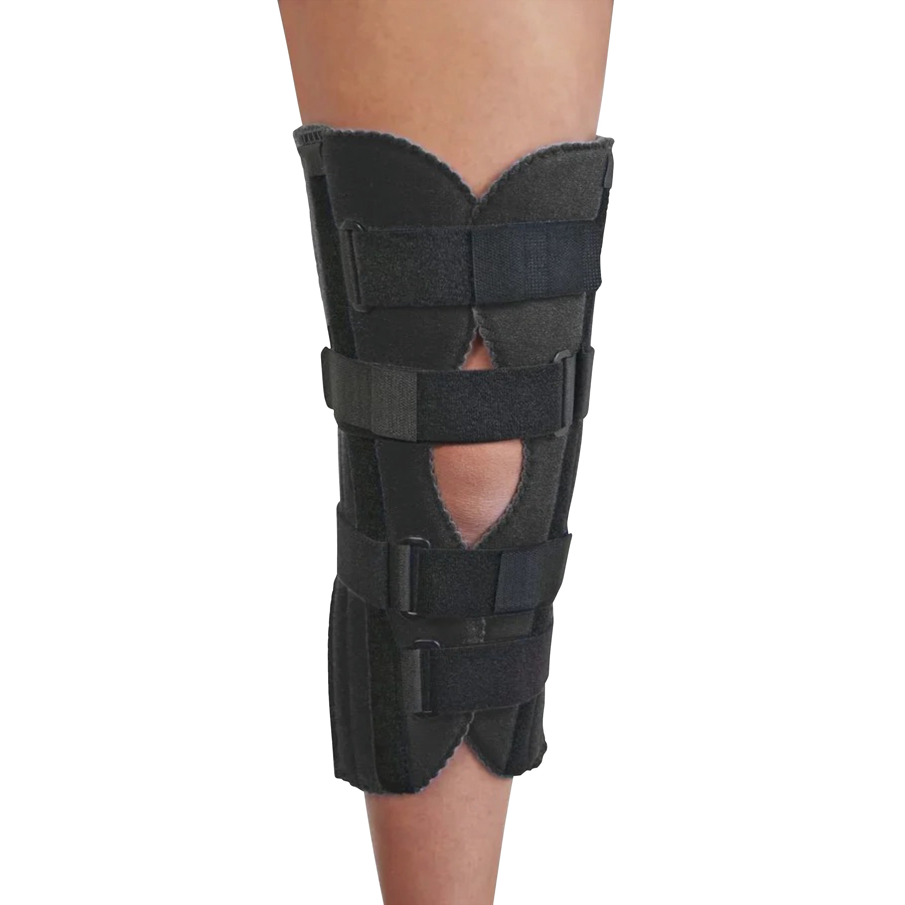 The RCAI Knee Immobilizer is shown on a leg, featuring adjustable straps and cutouts for stability and support.
