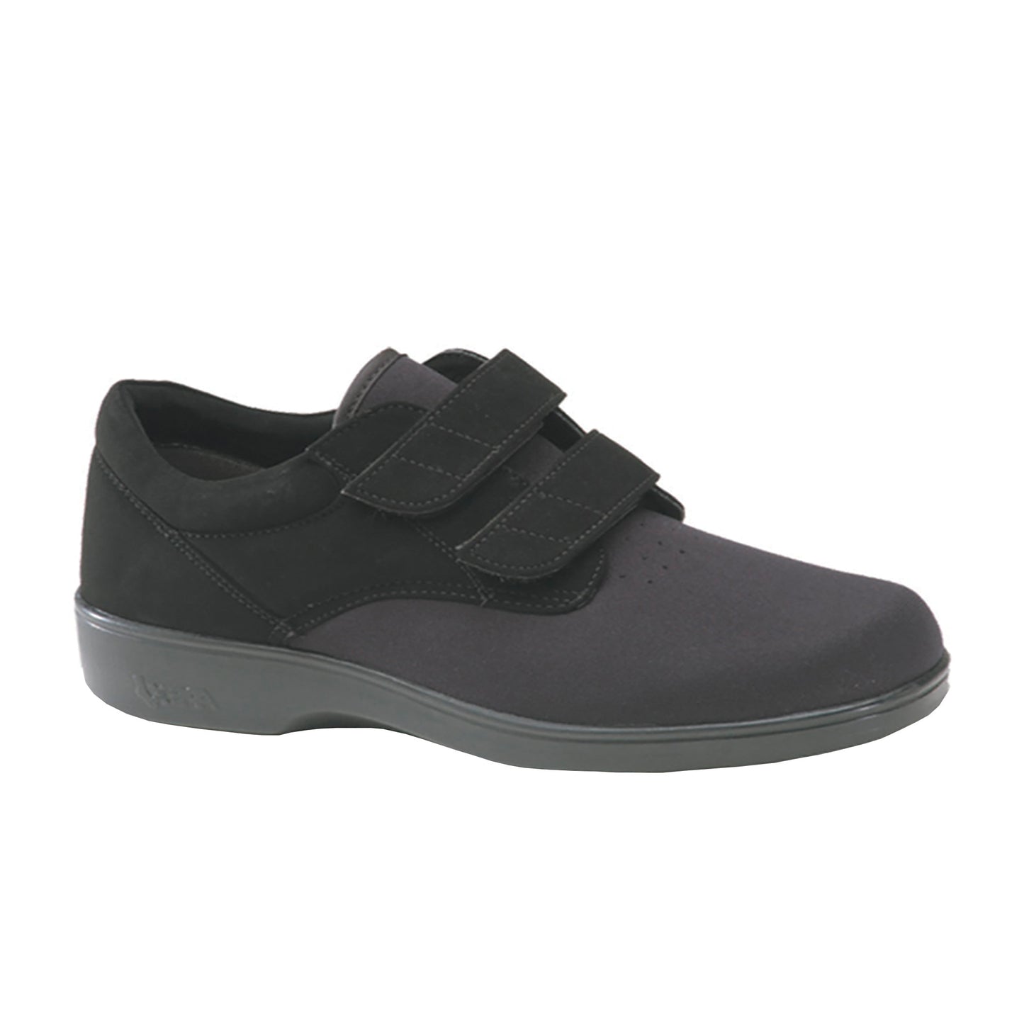 Apex Women's Stretchable Double-Strap Casual Shoe in black, featuring a soft upper and two hook-and-loop straps on a low heel.