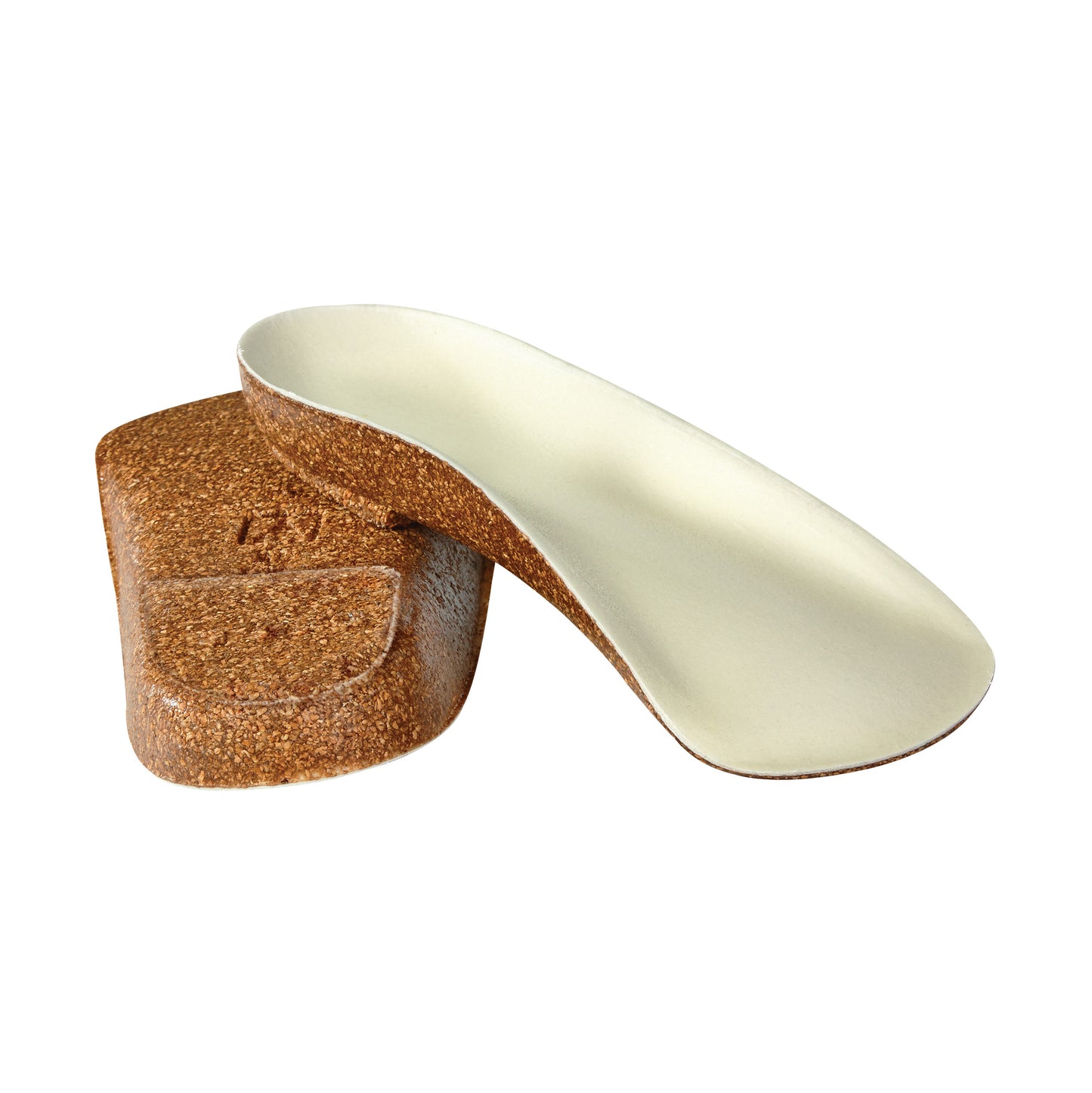 AliMed FREEDOM 5 Degree Posted XPE Half Sole Orthotic, with a white top and brown cork-like bottom, shown from different angles.