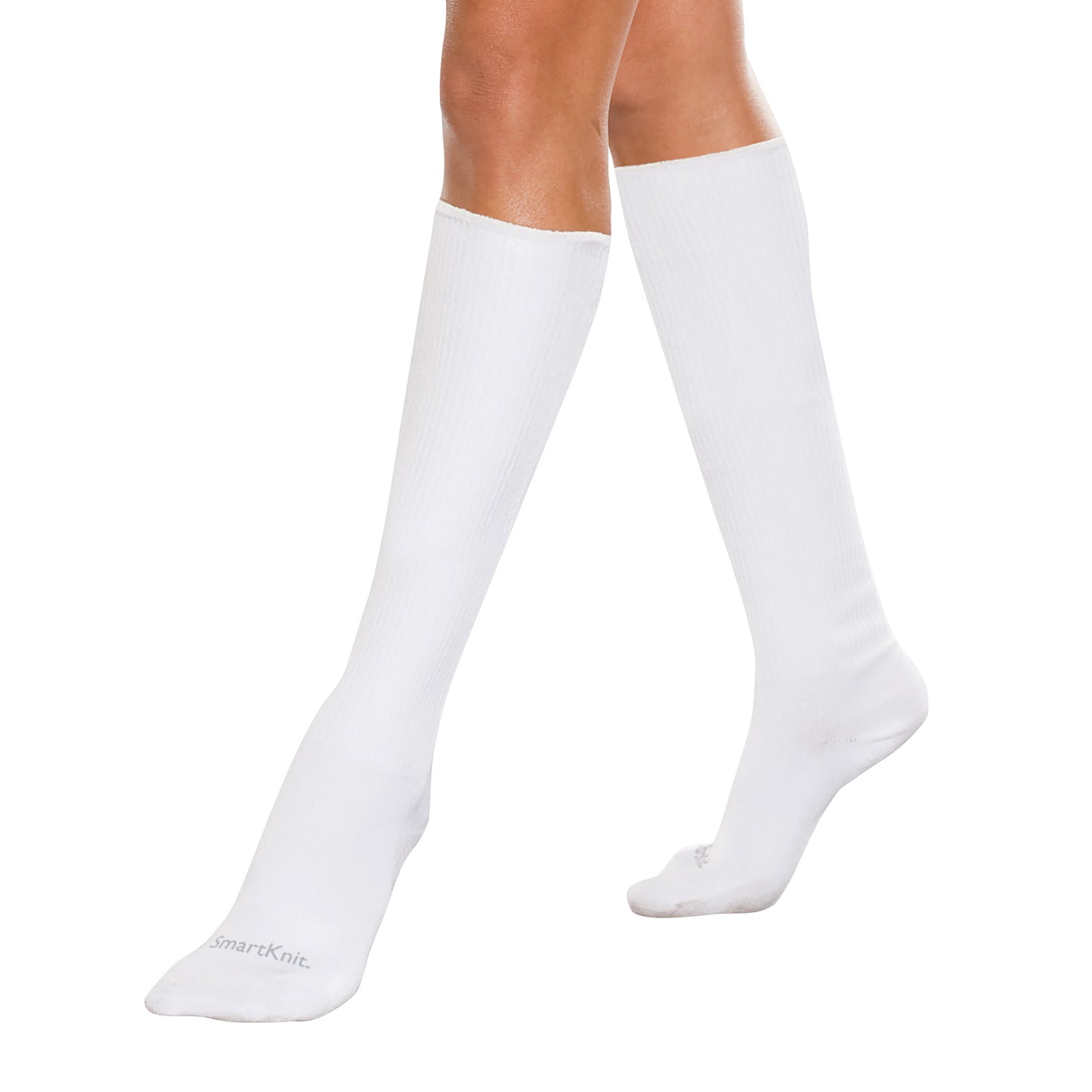 Person wearing white SmartKnit Seamless Over-the-Calf Socks. The socks extend just below the knee.