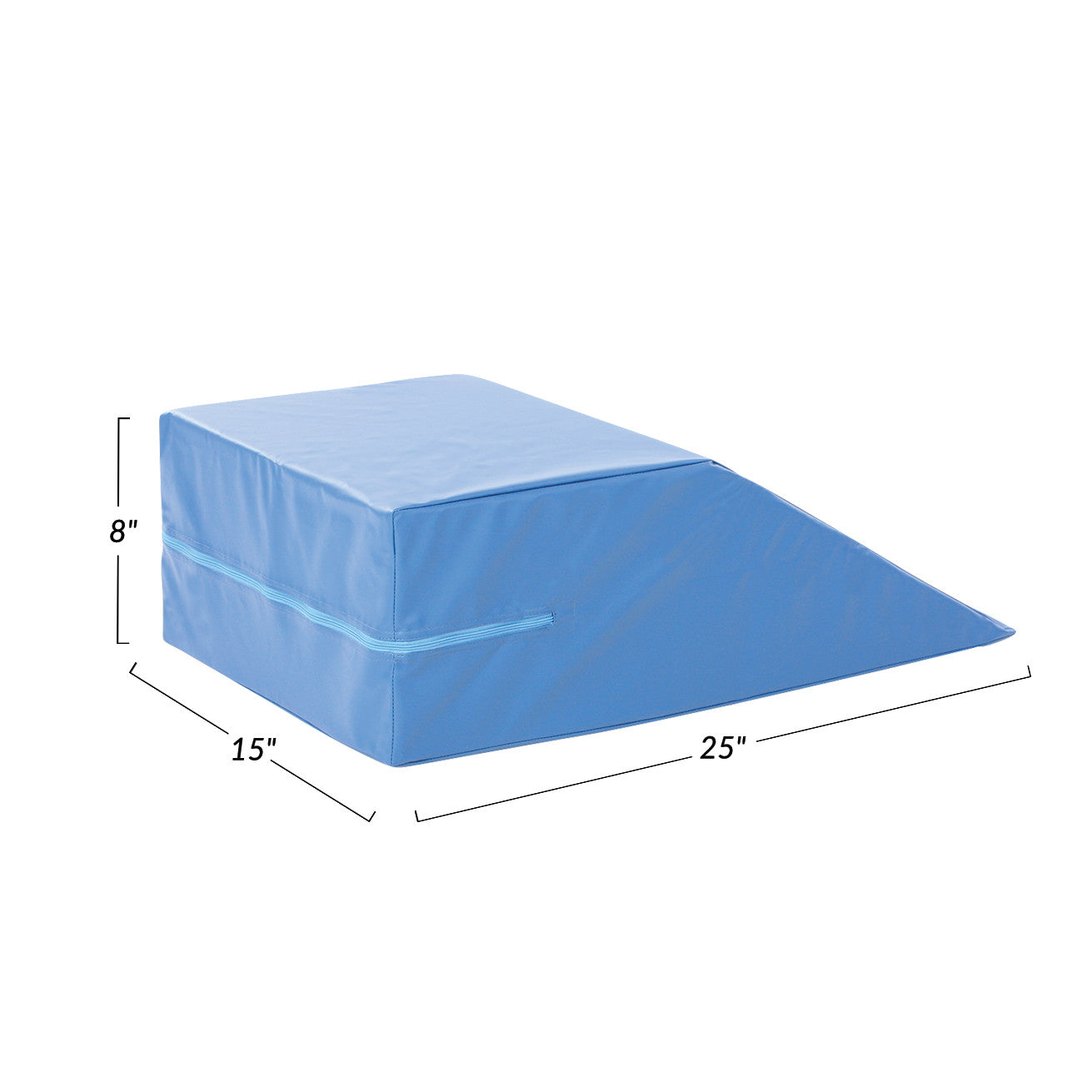 Blue AliMed Covered Foam Bed Wedge with zipper, measuring 25' long, 15' wide, and 8' high.
