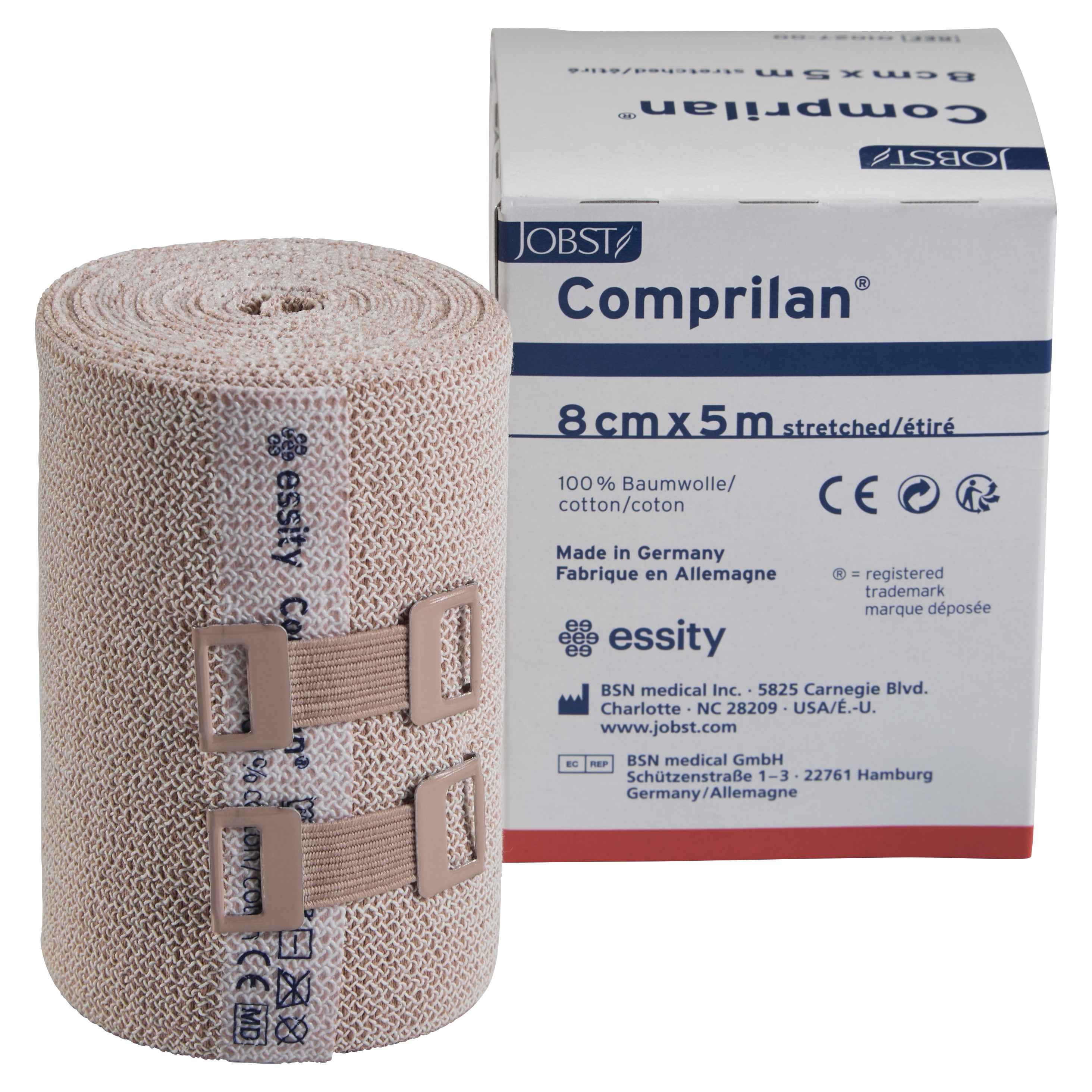A rolled BSN Comprilan Bandage is shown next to its packaging, which states it is 8cm x 5m, made of 100% cotton.