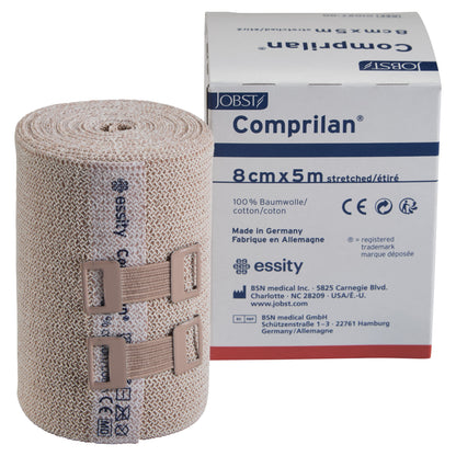 BSN Comprilan Bandage roll with clips, next to its box labeled "8cm x 5m," made of 100% cotton, made in Germany.