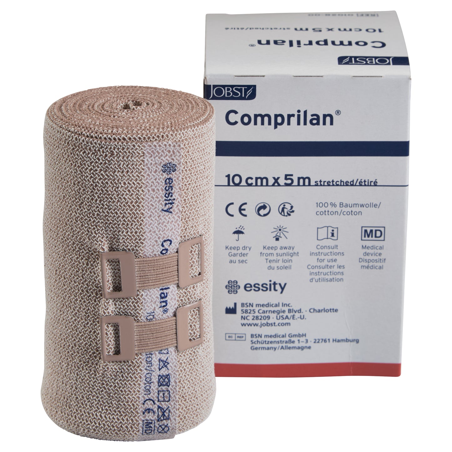 BSN Comprilan Bandage in beige, 10cm x 5m, is shown next to its box with product details and logos visible.