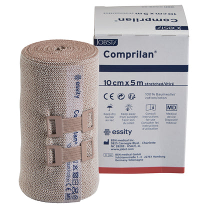 BSN Comprilan Bandage in beige, 10cm x 5m, is shown next to its box with product details and logos visible.