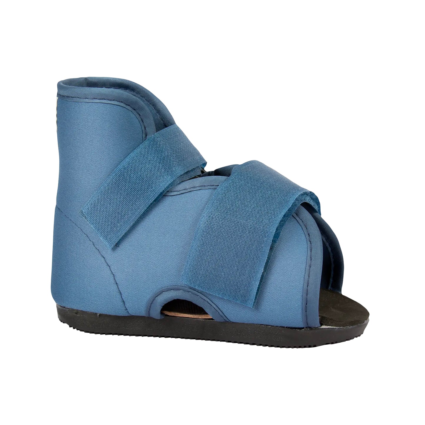A blue DARCO Pediatric Slimline Cast Boot with two straps and an open-toe design on a black sole.