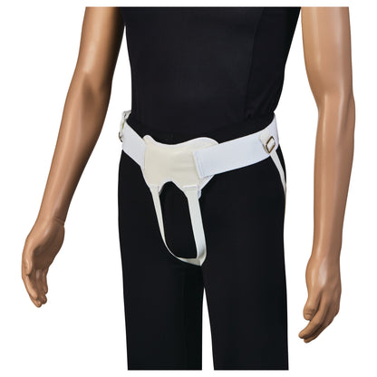 A mannequin wears an AliMed Hernia Aid, featuring a white support belt with a groin strap, designed for hernia support.