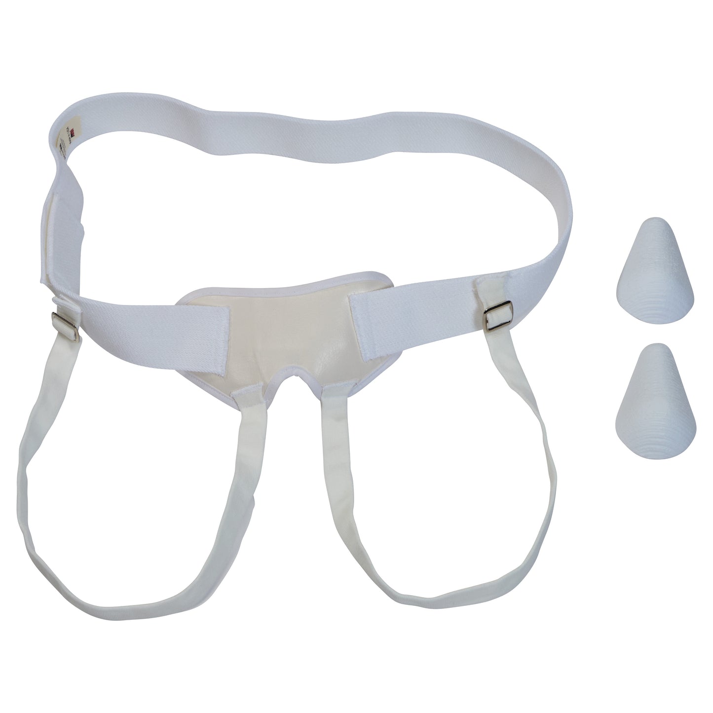 AliMed Hernia Aid shown with a white adjustable belt, two leg straps, and removable pad inserts for support.