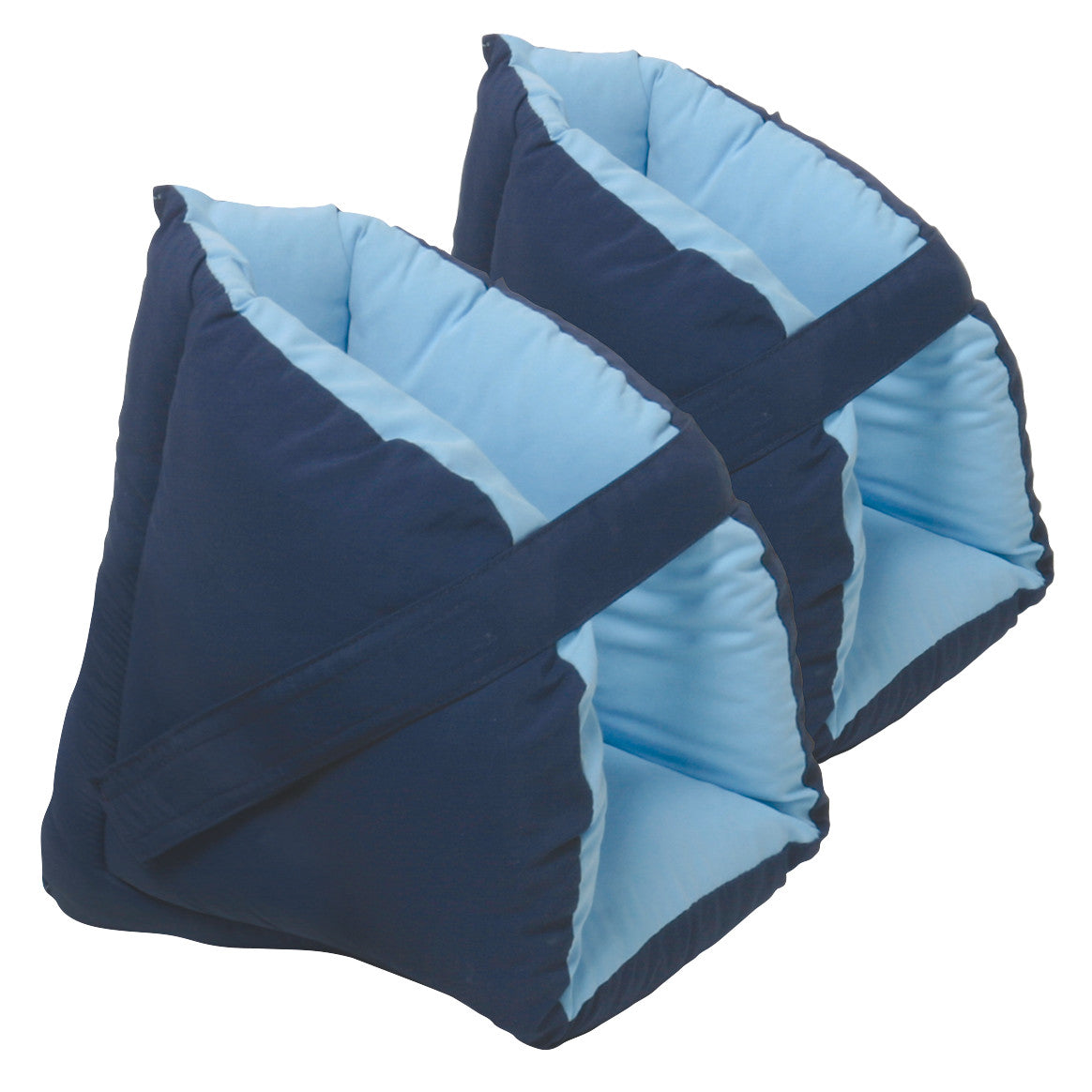 Two AliMed FootPillow cushions, dark blue exterior with light blue interior, designed to provide foot support and comfort.