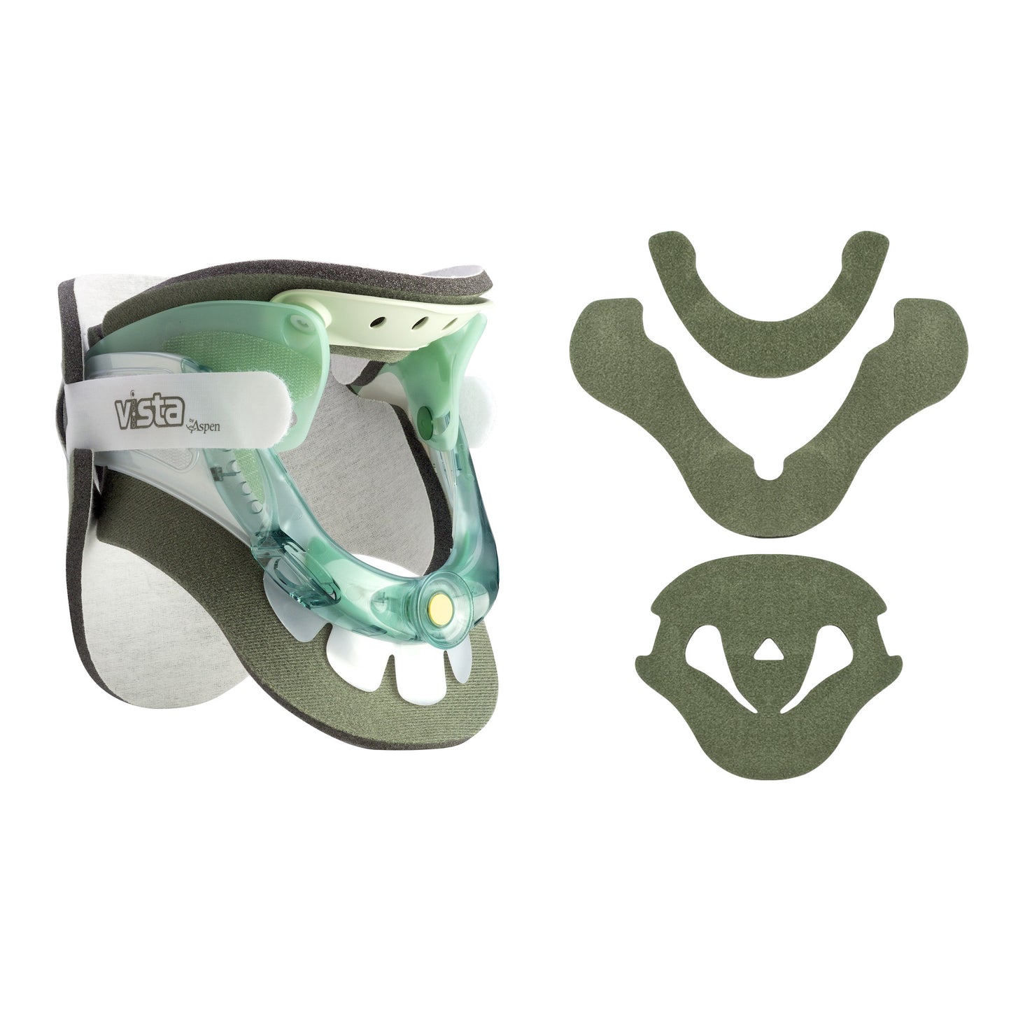 Aspen Vista Cervical Collar Set with a neck brace and three green foam pads for support and comfort.