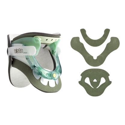Aspen Vista Cervical Collar Set with a neck brace and three green foam pads for support and comfort.