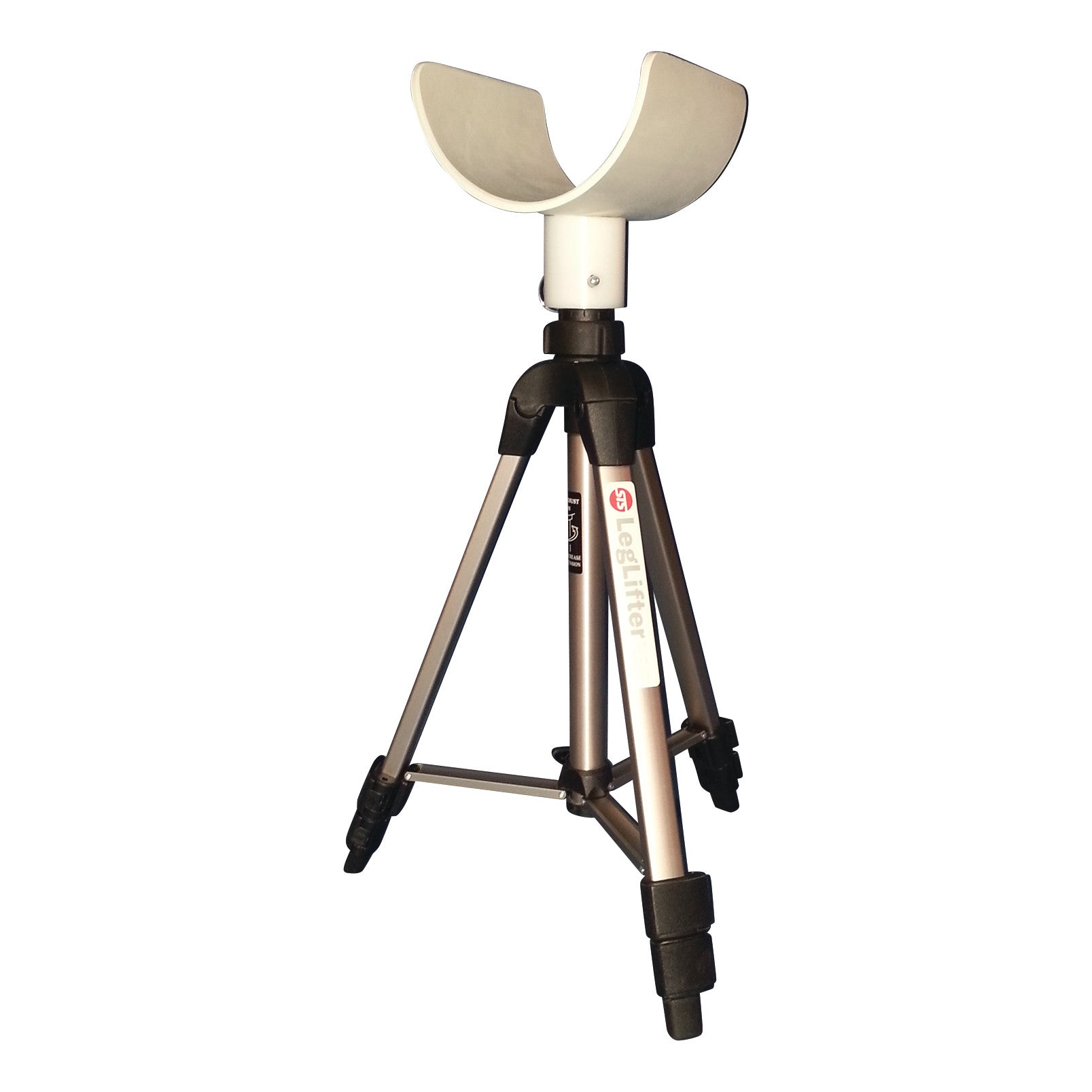 The STS LegLifter is a tripod with a U-shaped holder, designed to assist in lifting legs.