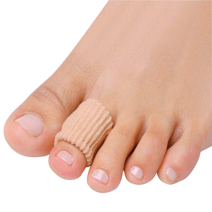 A foot with a PediFix Visco-GEL Corn Pad on the second toe, providing cushioning and protection against friction.