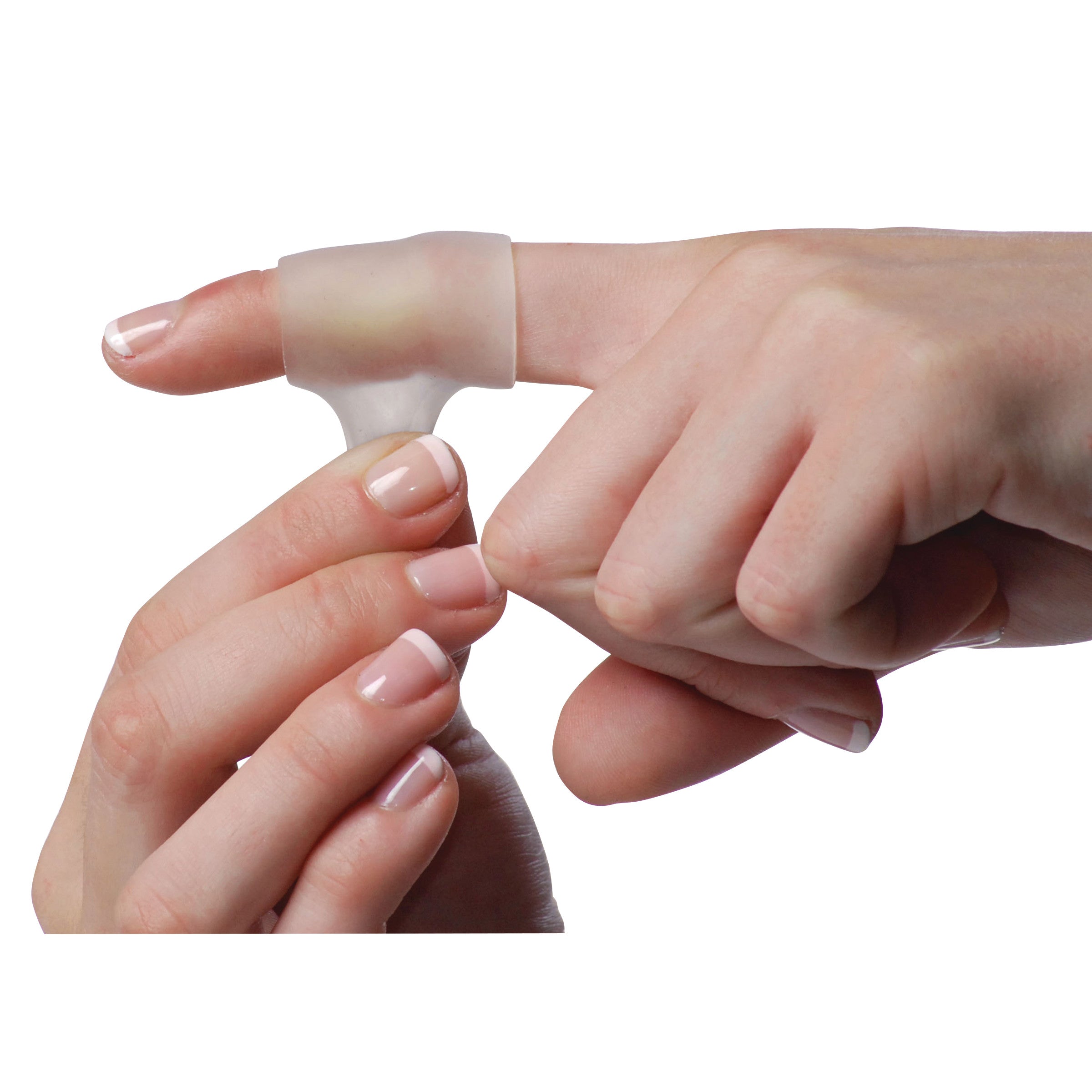 A hand is placing a PediFix Visco-GEL All-Gel Toe/Finger Tube on a finger. The gel tube is translucent and flexible.