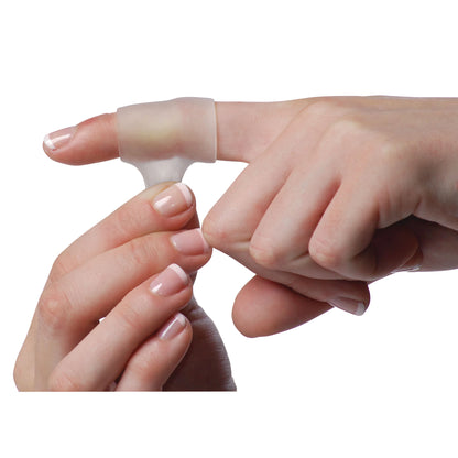 A hand applies the PediFix Visco-GEL All-Gel Toe/Finger Tube onto a finger. The transparent tube offers cushioning and protection.