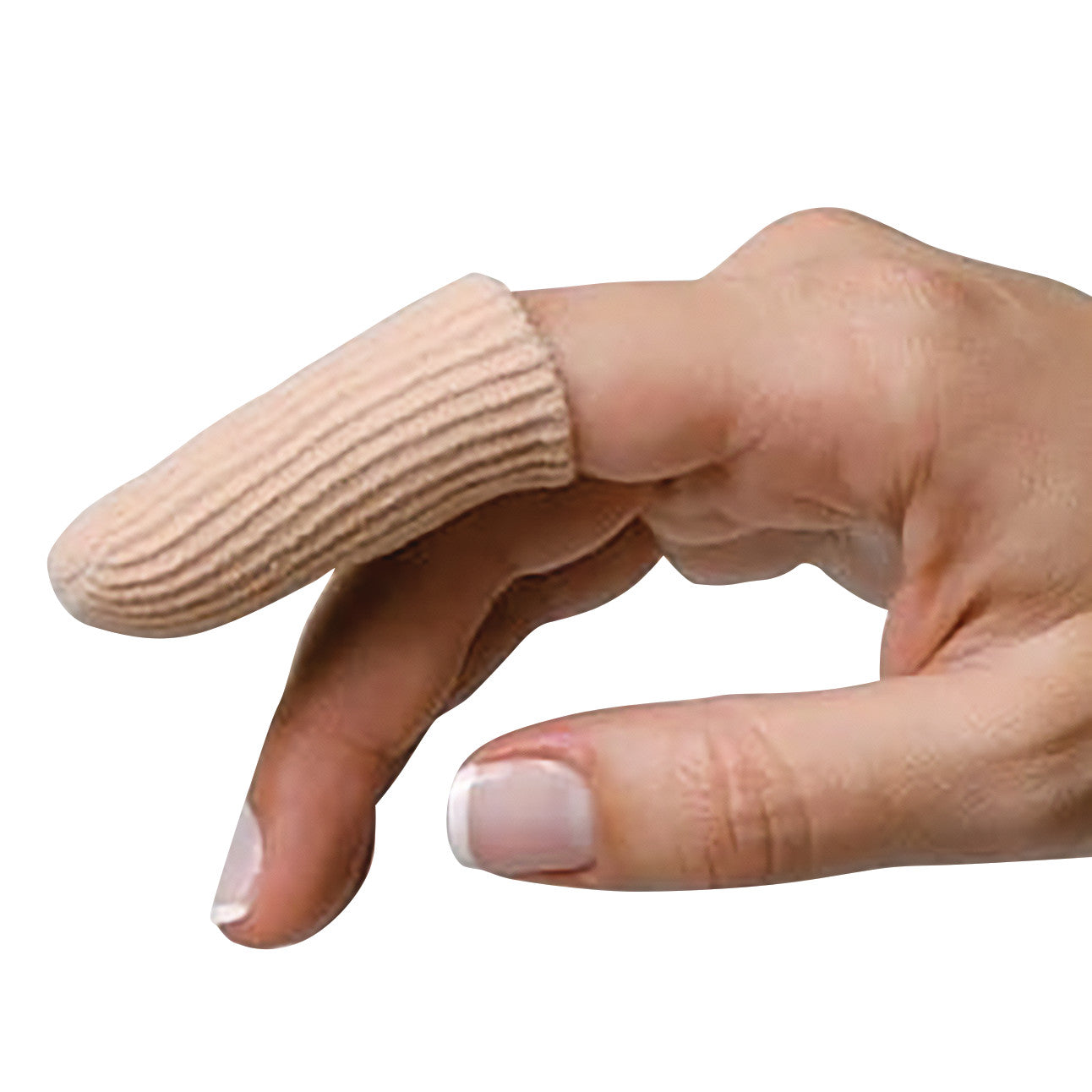 A hand with a PediFix Visco-GEL Digital Cap on one finger. The cap is beige and ribbed, covering the fingertip for protection.