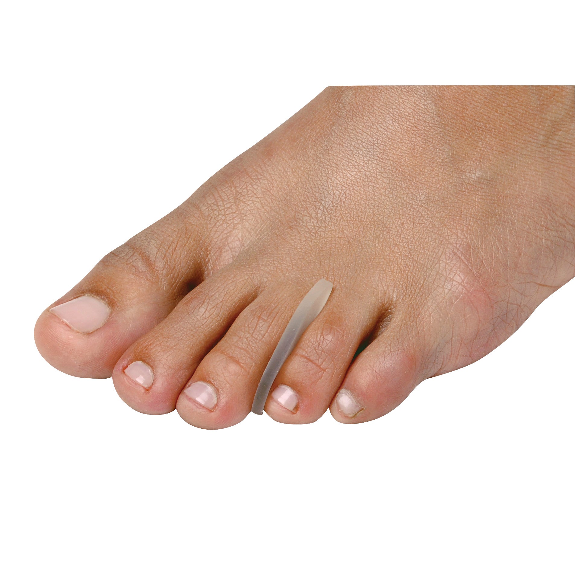 A foot with a PediFix Visco-GEL Toe Separator between the second and third toes, providing cushioning and alignment.