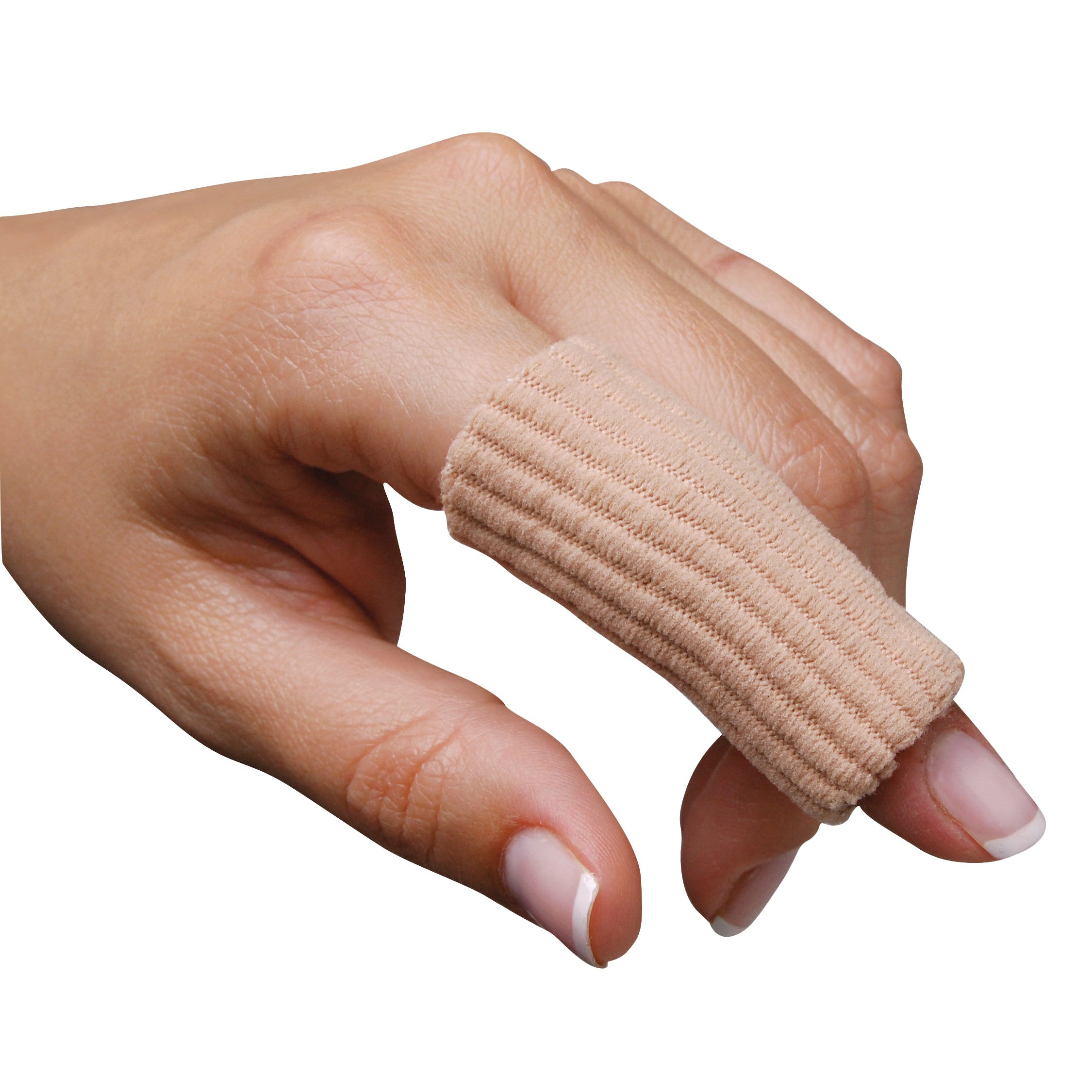 A hand wearing a PediFix Visco-GEL Fully-Coated Digital Tube on the index finger, providing cushioning and protection.