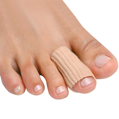 A foot with a PediFix Visco-GEL Fully-Coated Digital Tube on the middle toe, providing protection and relief.