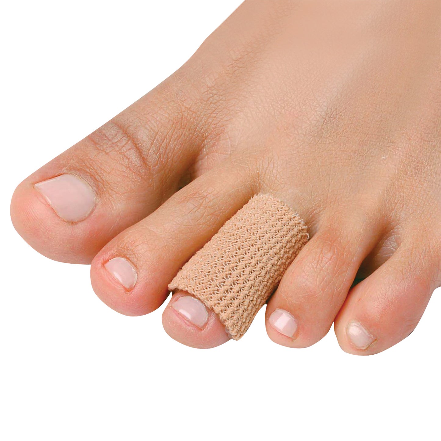 A foot with a PediFix Visco-GEL Fully-Coated Digital Tube on the middle toe. The tube provides cushioning and protection.
