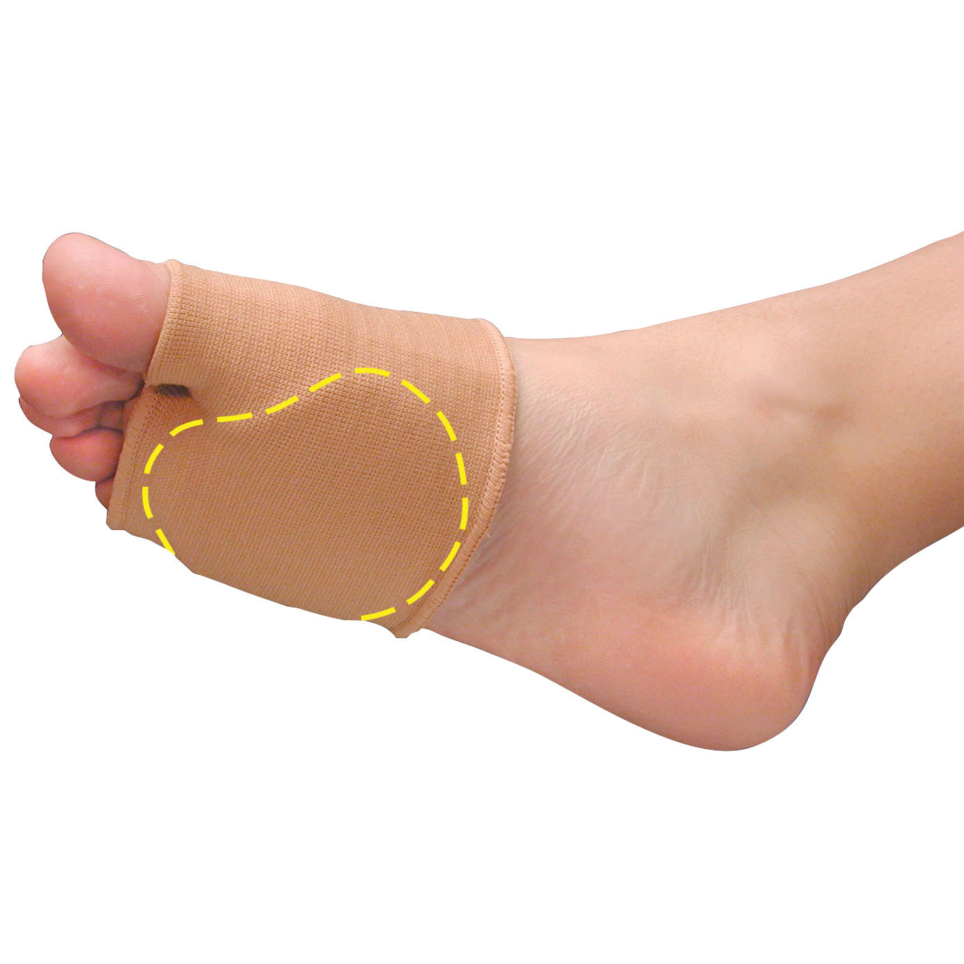 A foot wearing the PediFix Visco-GEL Universal Metatarsal Strap, providing cushioning under the ball of the foot.