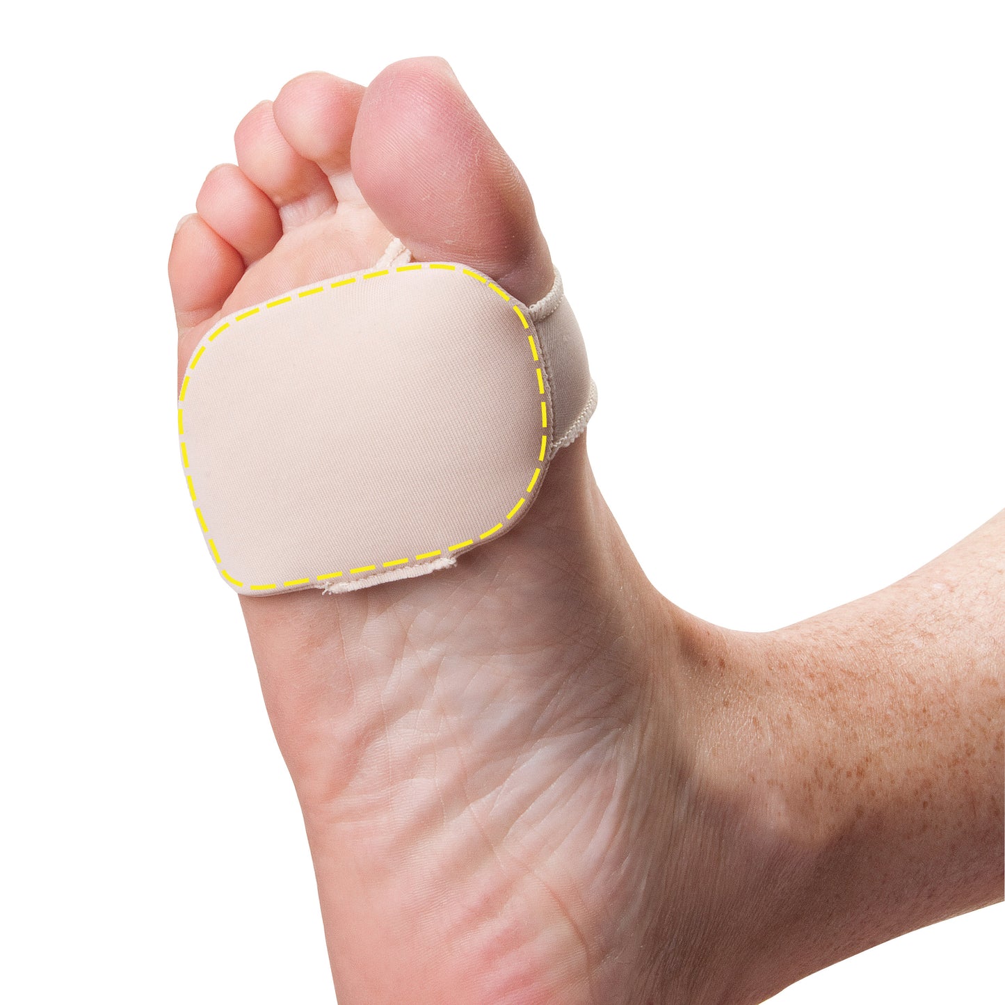 A foot wearing a PediFix Visco-GEL Silicone Thin Forefoot Cushion on the ball area, providing comfort and protection.