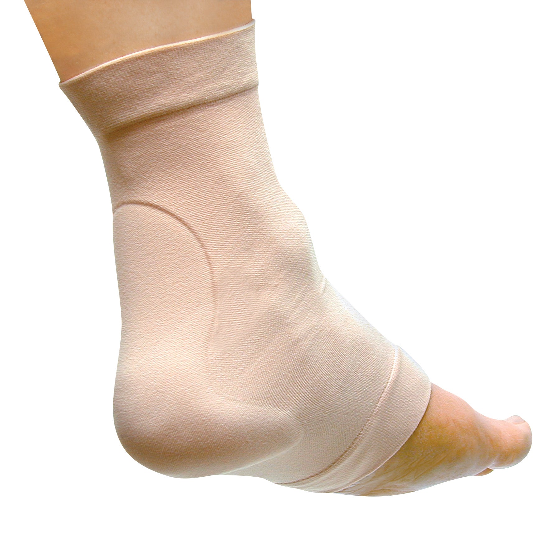 A foot wearing the PediFix Visco-GEL Achilles Heel Protection Sleeve, covering the heel and ankle in a beige, stretchy fabric.