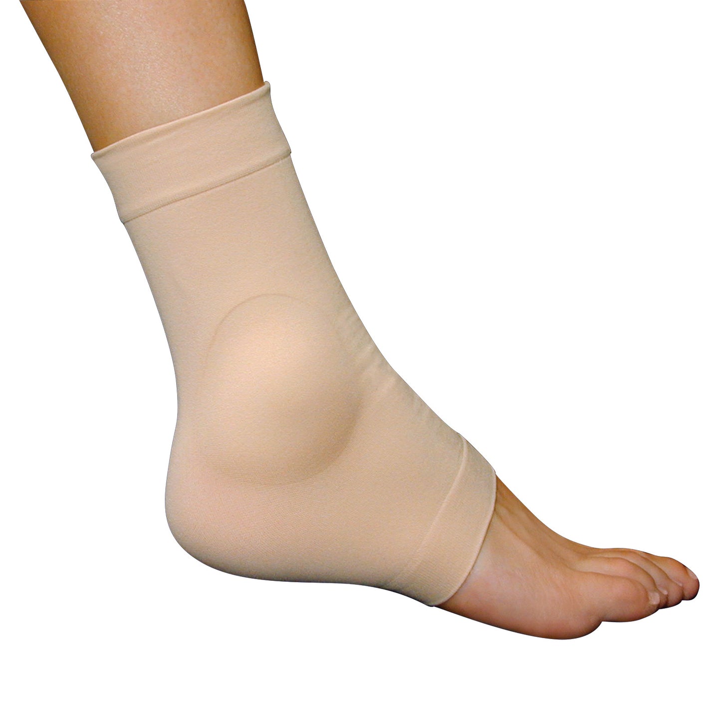 A foot wearing the PediFix Visco-GEL Malleolar Protection Sleeve, which cushions and supports the ankle with a gel pad.