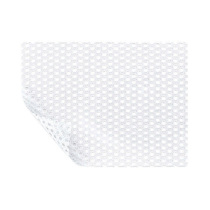 Molnlycke Mepitel Soft Silicone Wound Contact Layer shown with a corner slightly lifted, featuring a grid-like open structure.